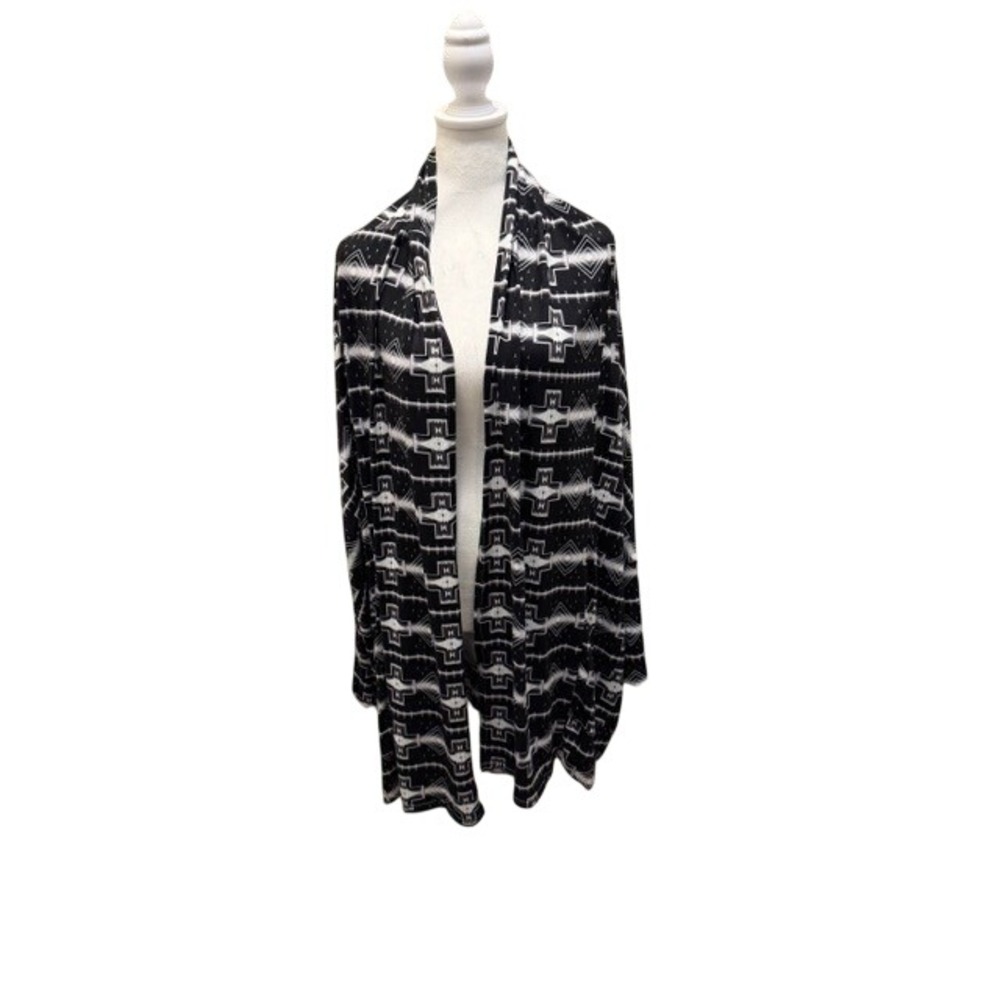 LUCKY & BLESSED 2X Black White Geometric Print Open Front Long Cardigan Sweater